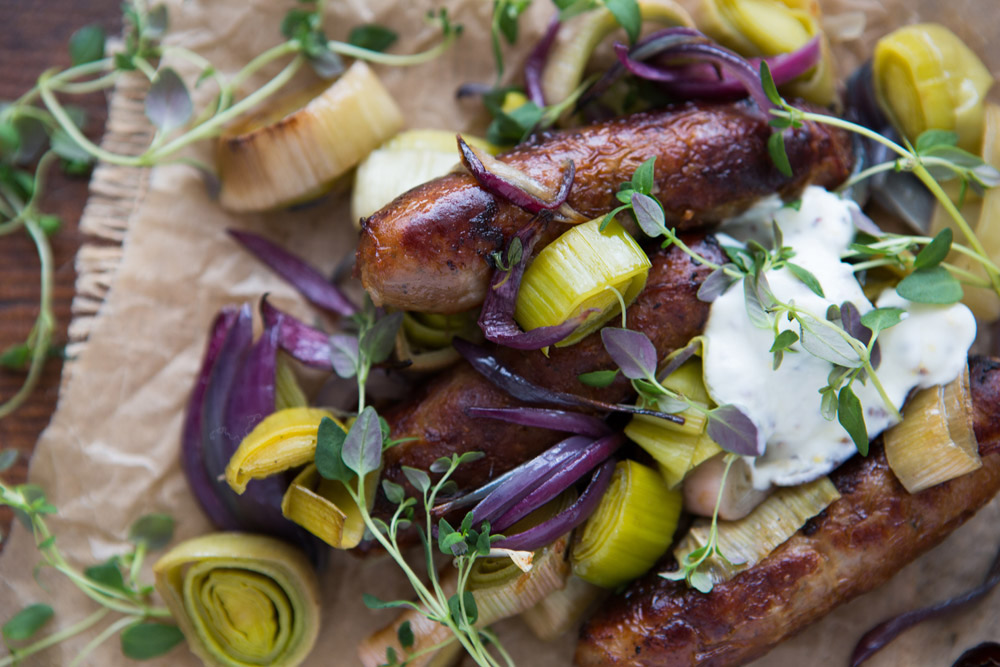 How To Cook Sausage Leek And Red Onion With Sour Cream And Mustard