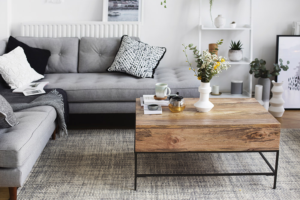 Stylish monochrome and grey living room inspiration with greenery and
