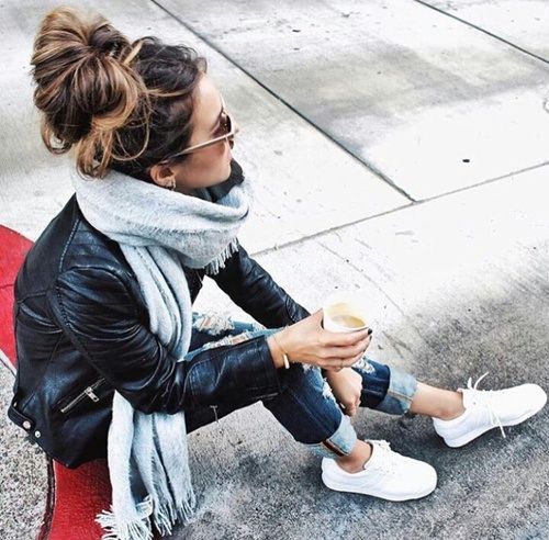 Biker, scarf, sunnies and trainers
