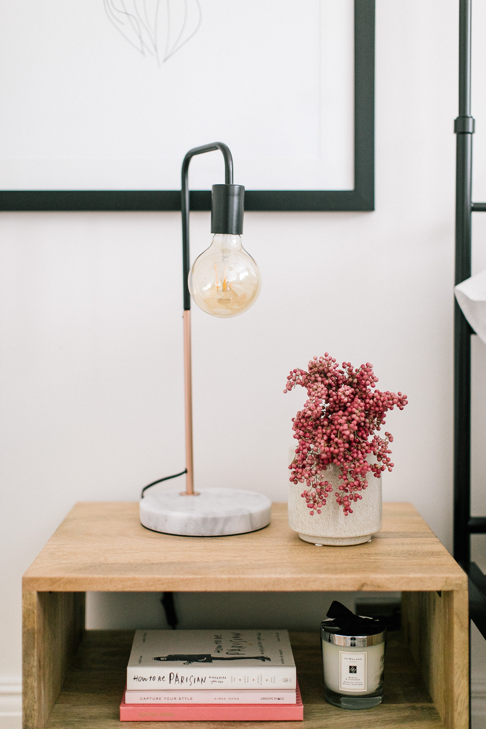 Aldi marble and copper lamp on Douglas bedside tables from Swoon