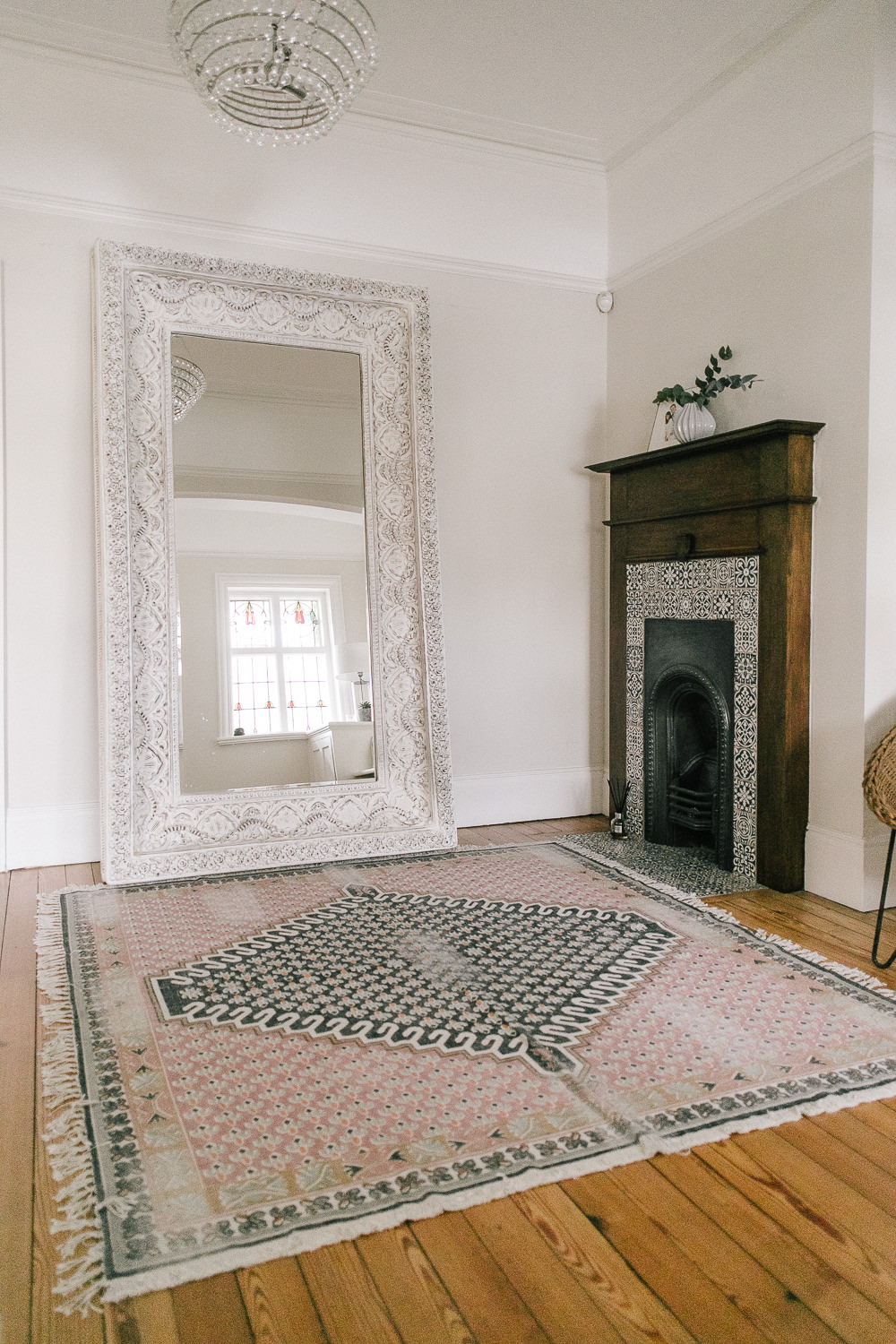 Oversized Mirror and FCUK Poppy Rug in Bright and Airy Hallway