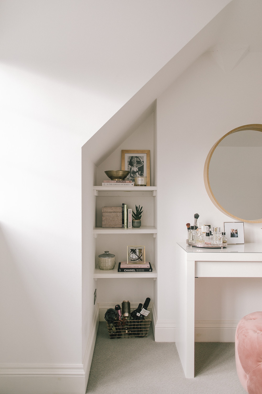 Compact Make Up Station with Dressing Table from Made and Alcove Shelving