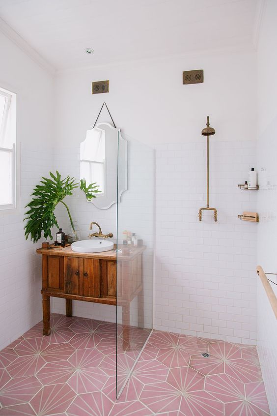 Pink bathroom floor tiles