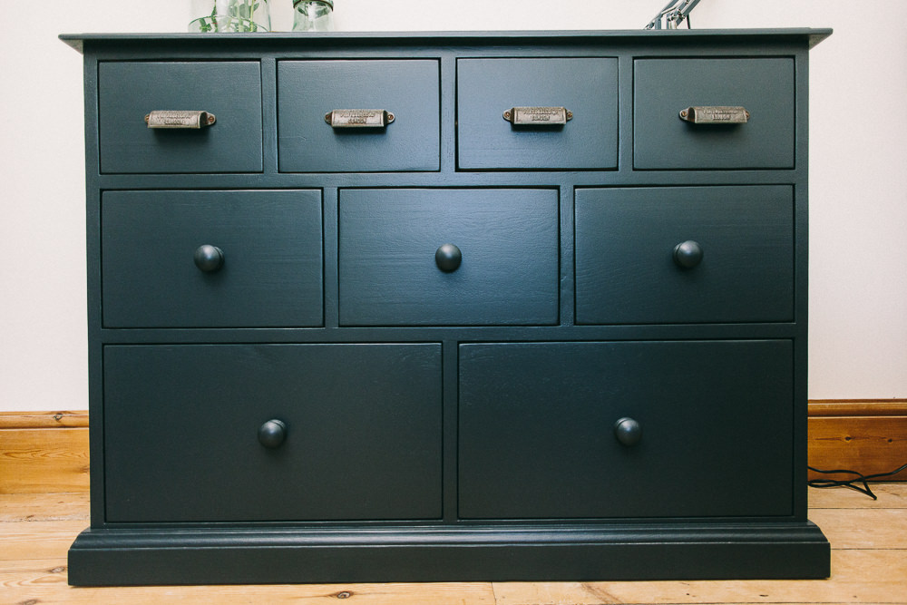 Apothecary style chest painted in Farrow and Ball Railings