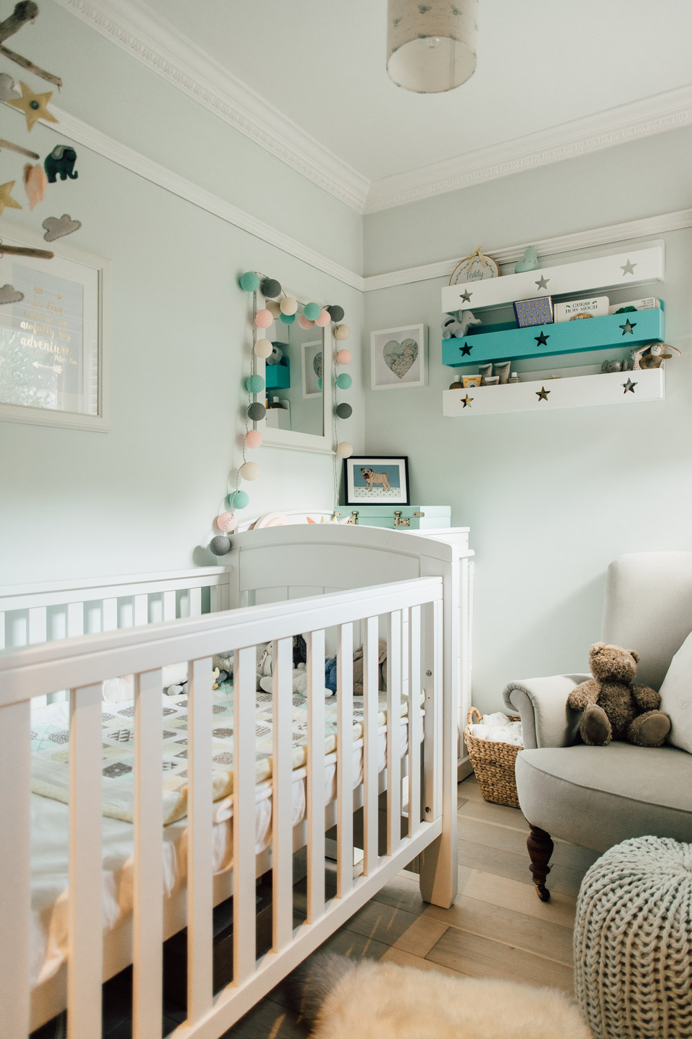 Baby boy nursery painted in Farrow and Ball Cabbage White