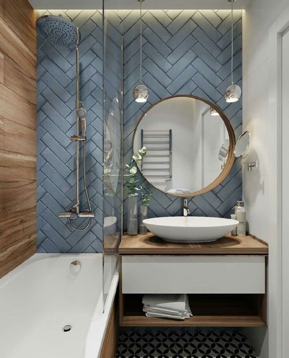 Grey blue herringbone bathroom tiles