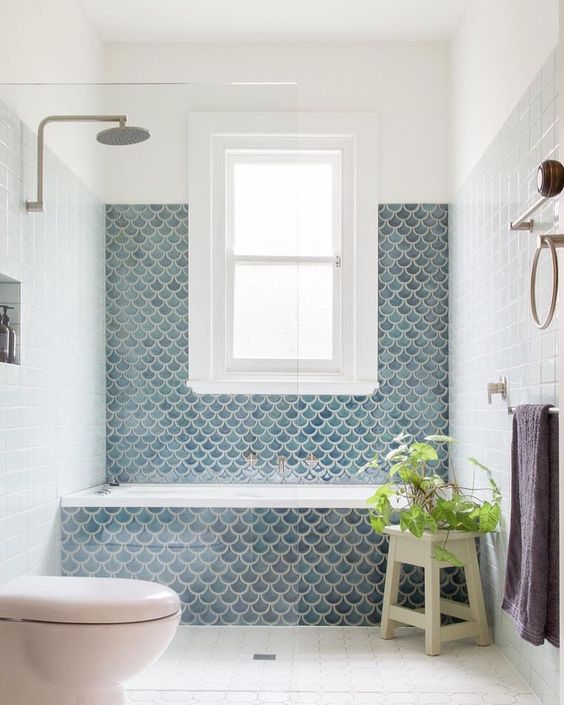 Grey blue fishtail bathroom tiles