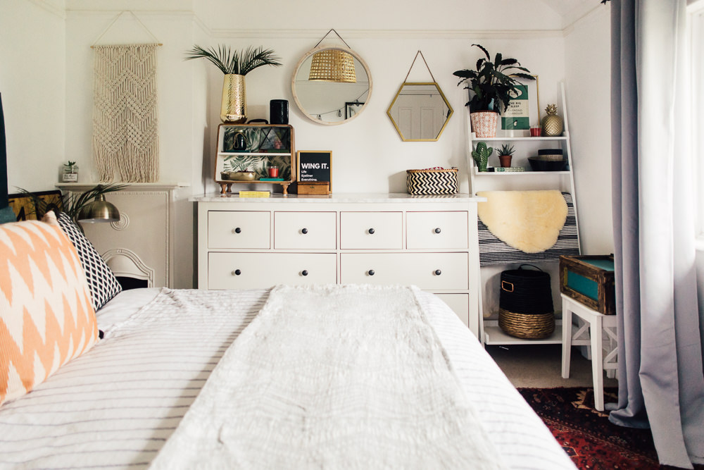 White bedroom with boho accents