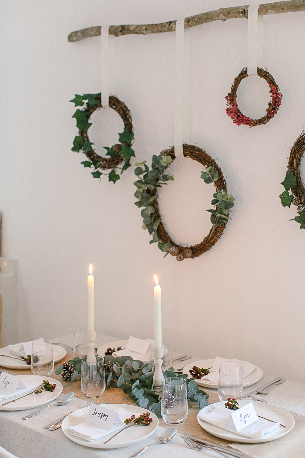DIY festive wreath installation and Christmas tablescape