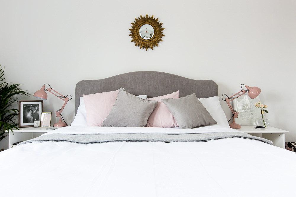 Blush, grey and white bedroom