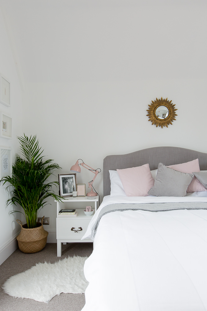 Blush, grey and white bedroom