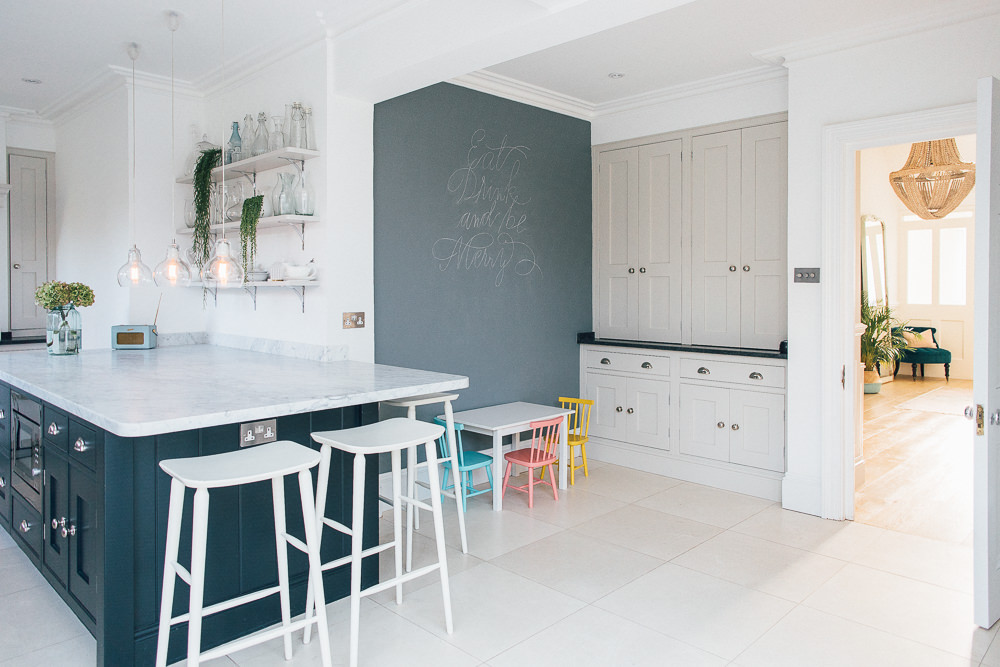 Kitchen, stools with chalkboard wall