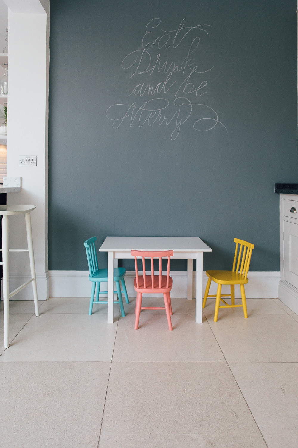 Chalkboard wall and kids dining area