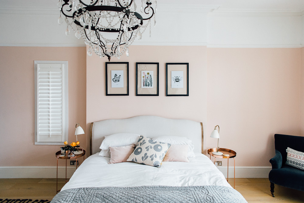 Bedroom wall painted in F&B Calamine Pink