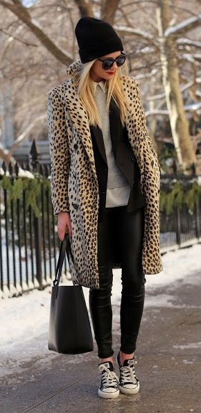 Leopard coat with black skinny jeans