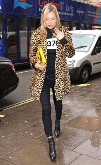 Kate Moss in leopard print jacket and Bella Freud 1970 jumper