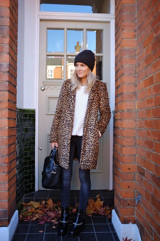 Leopard print jacket with beanie hat