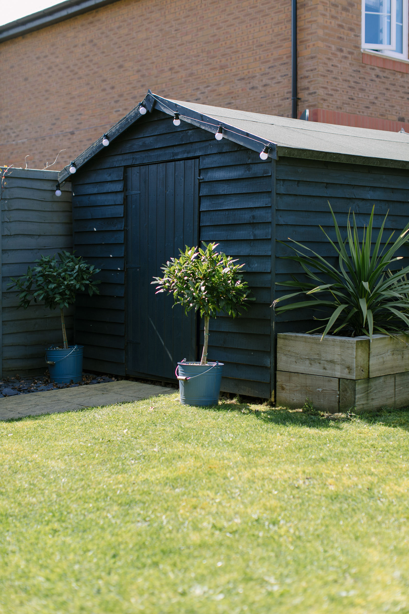 Garden shed in a new build garden painted dark grey and decorated with monochrome festoon lights