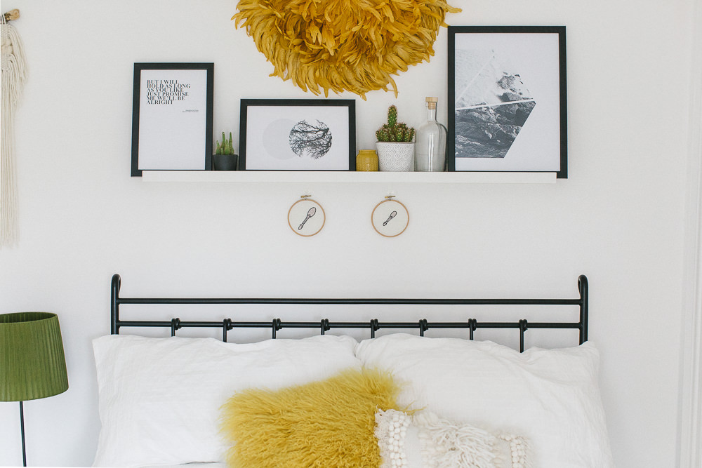 Boho white and yellow bedroom