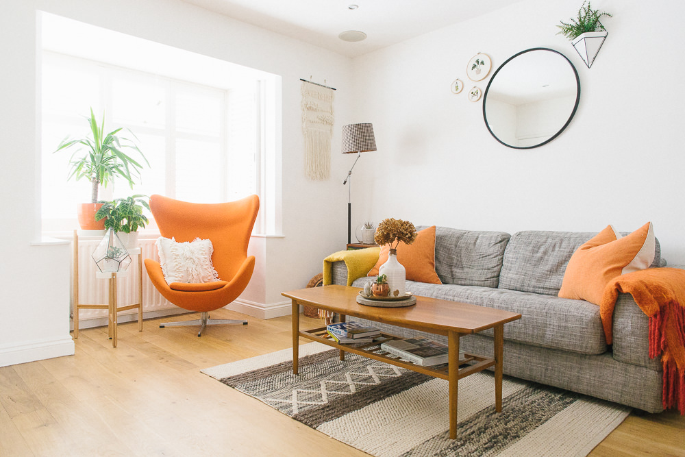 White, grey and orange living room