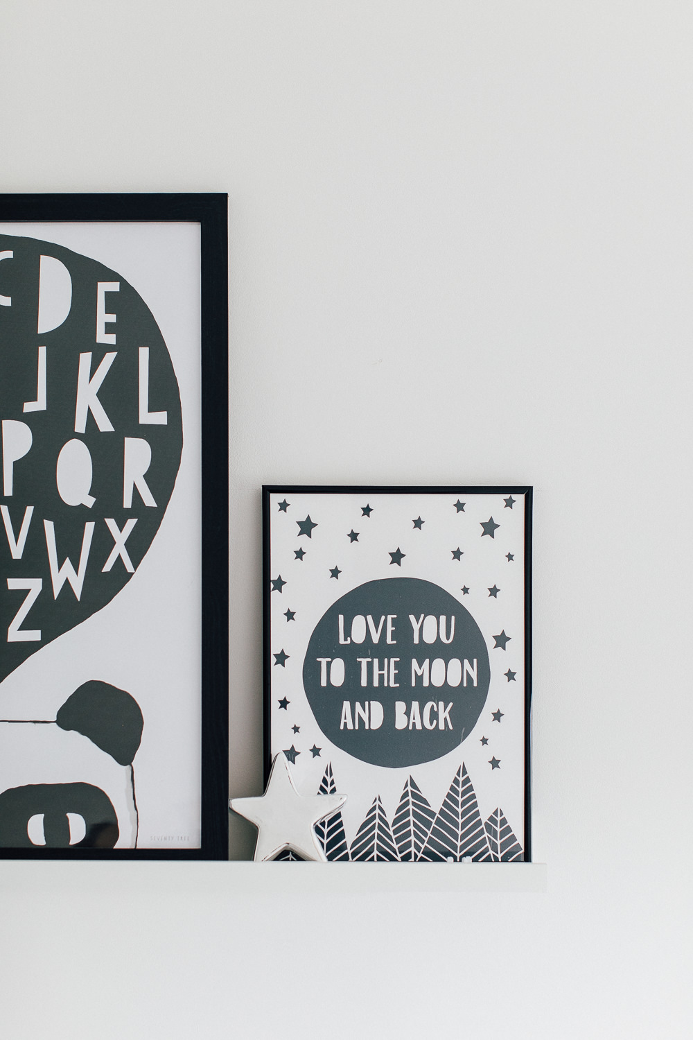 Monochrome alphabet print and Love You To The Moon and Back print