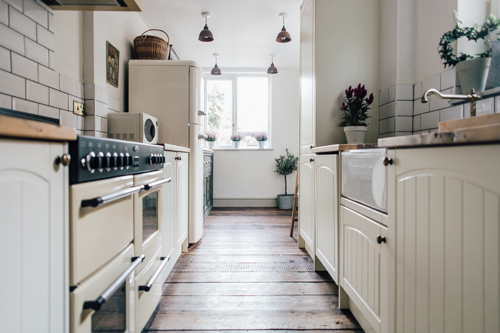 Wickes neutral kitchen and reclaimed scaffold board worktops