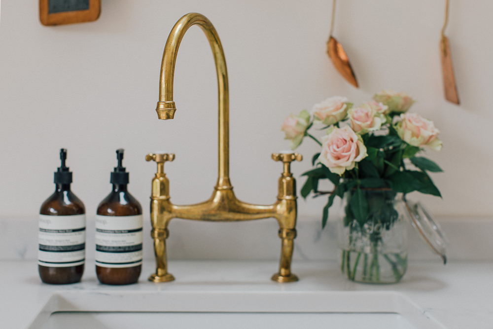 Butler sink with brass tap and Aesop handwash
