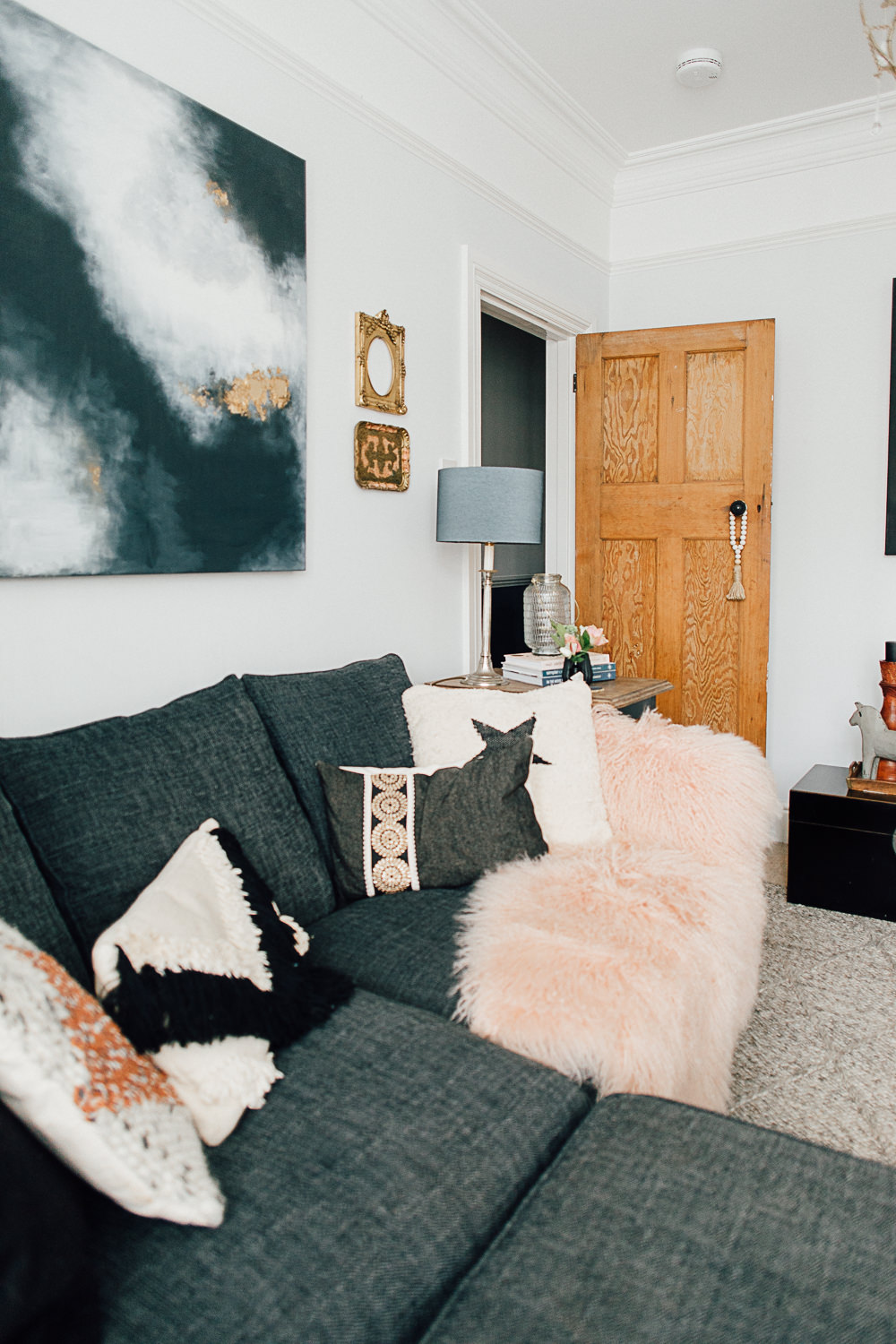 Black, blush, white living room