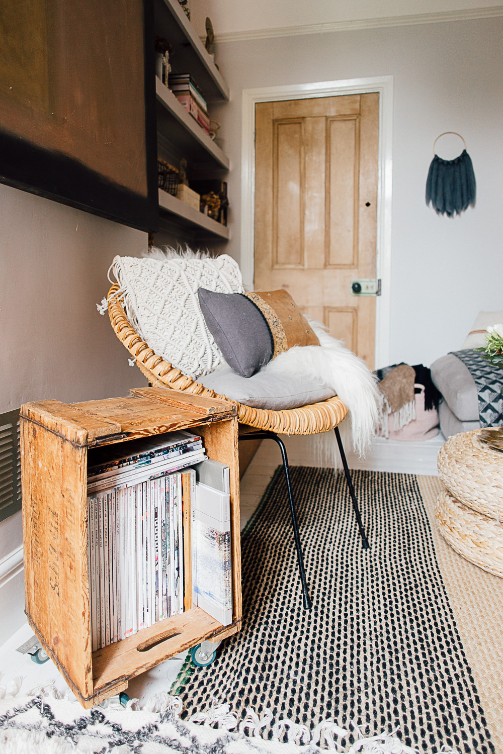 Rattan chair and vintage crate