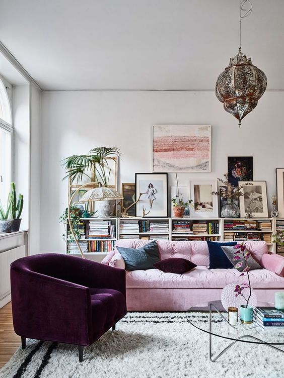 Statement purple tub chair in boho living space