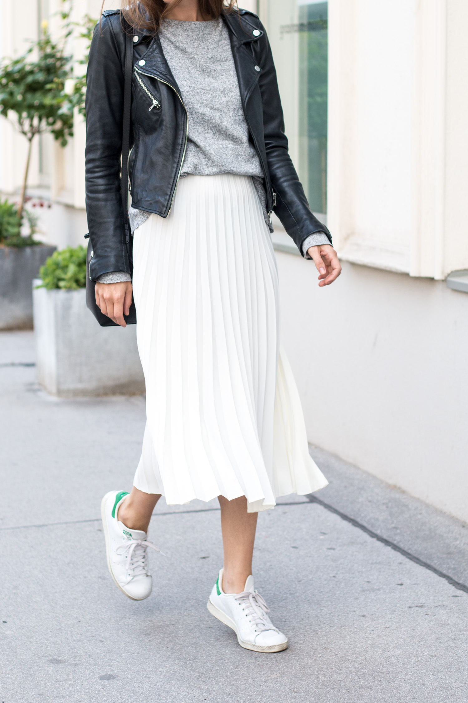leather skirt with trainers